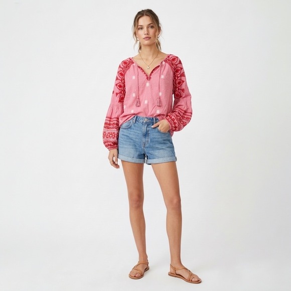 Anthropologie Seen Worn Kept Layla Peasant Top  Pink Red Embroidered Boho 12 - Picture 2 of 12